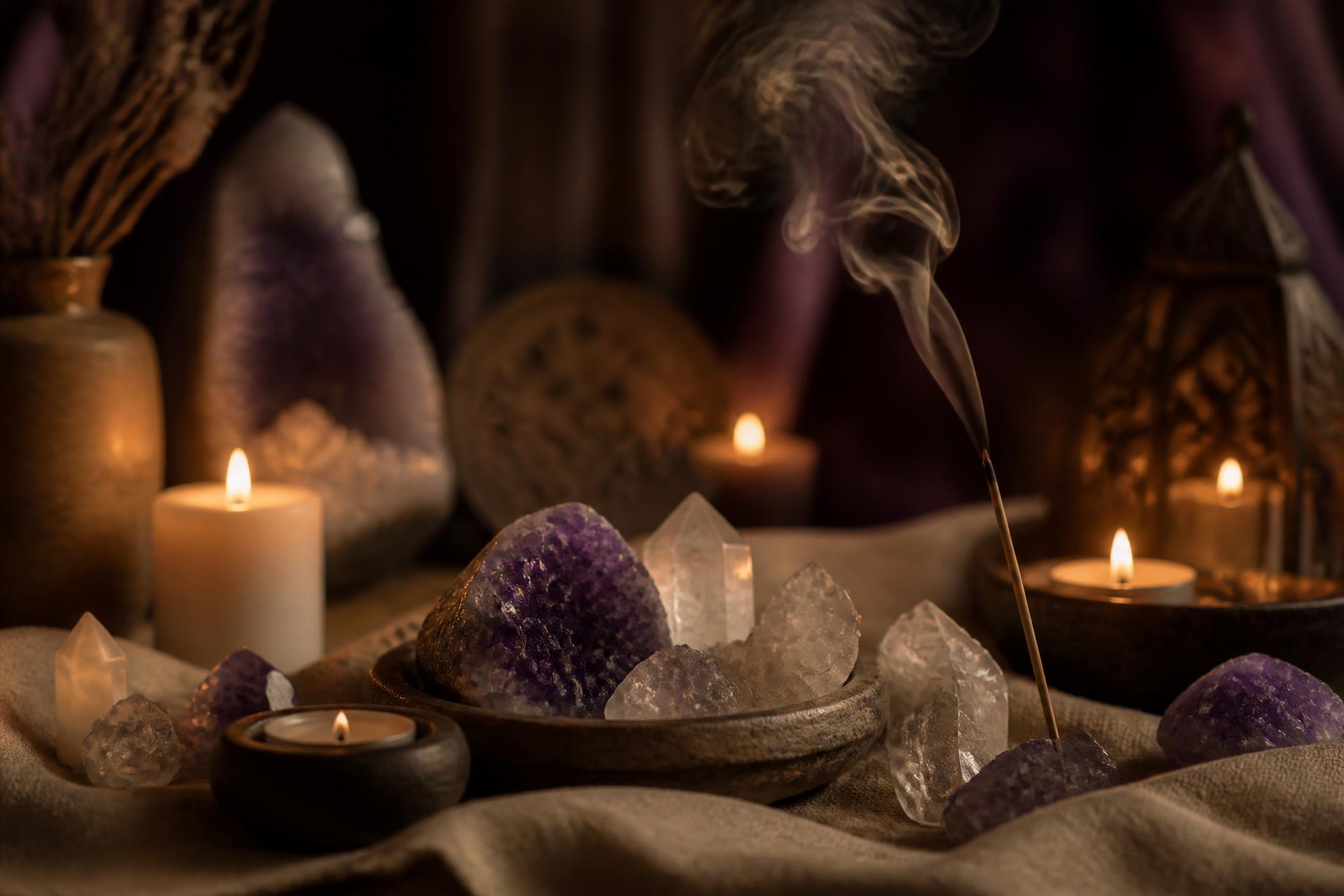 Candlelit healing space with amethyst and quartz crystals
